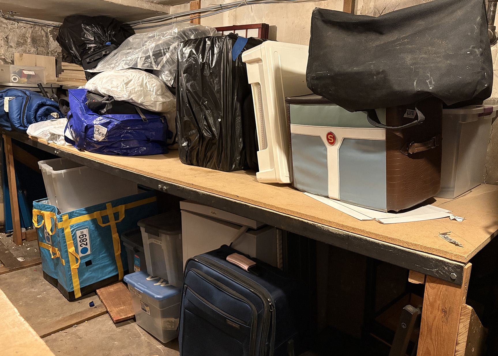 boxes, bags, and suitcase on shelves in a basement
